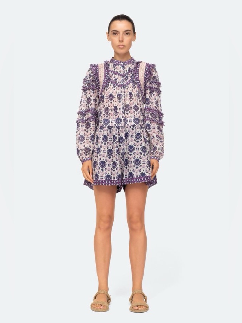Sea New York Brigitte Border Print Romper Ruffle Long Puff Sleeve Cotton Purple